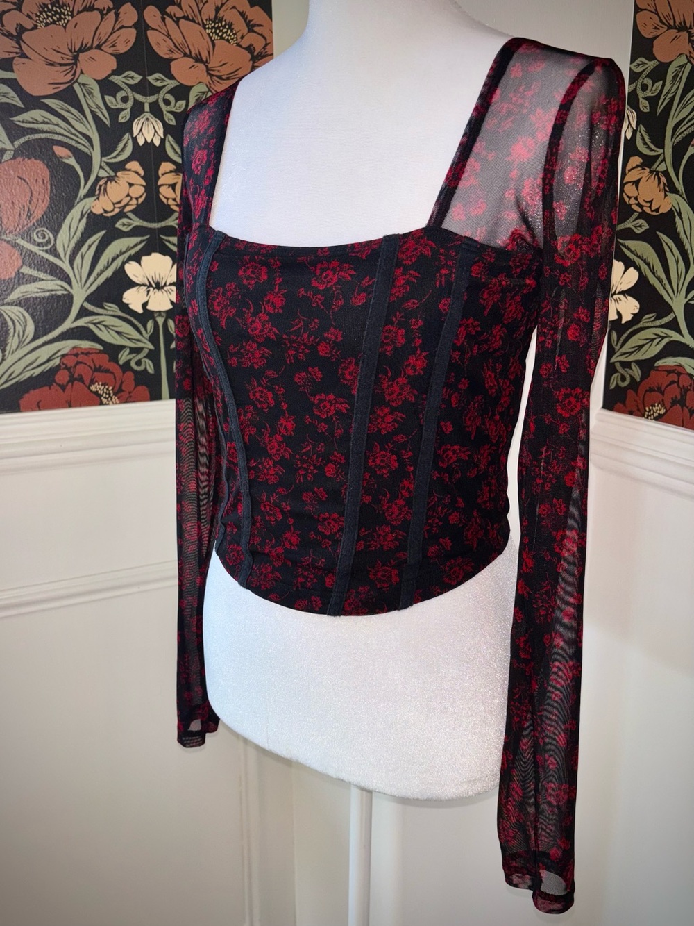 Hollister Mesh Sleeve Floral Corset Crop Top Romantic Whimsigoth - Picture 5 of 10
